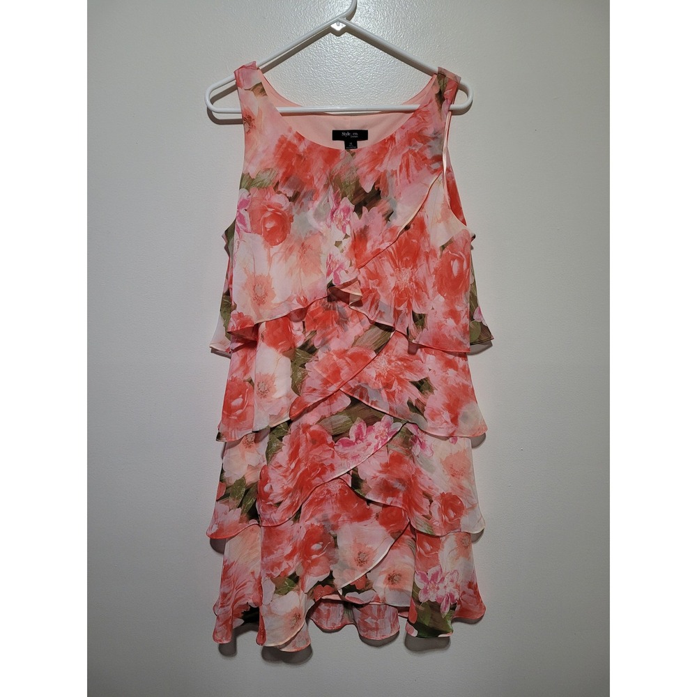 Style & co. Tiered Dress Womens 16 Coral Floral Ruffle Chiffon Sleeveless